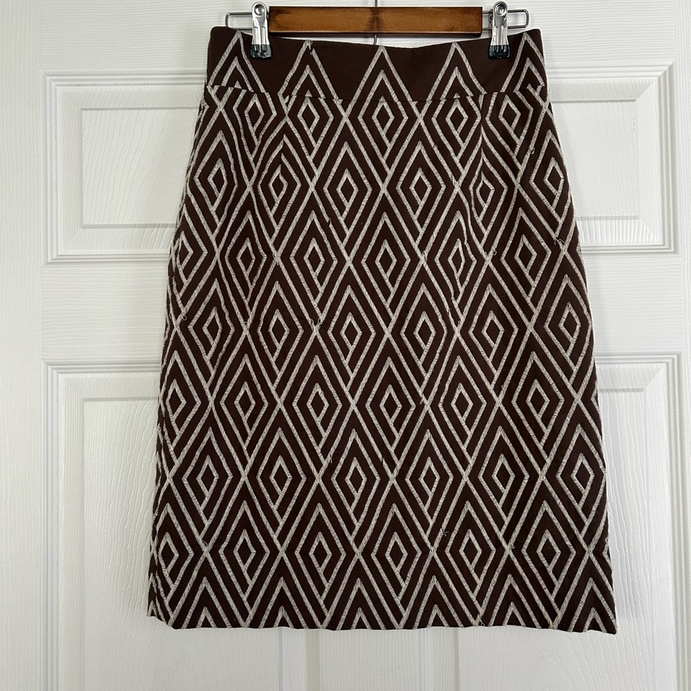 Alex Marie Geometric Brown and White embroidered Women's A Line Midi Skirt